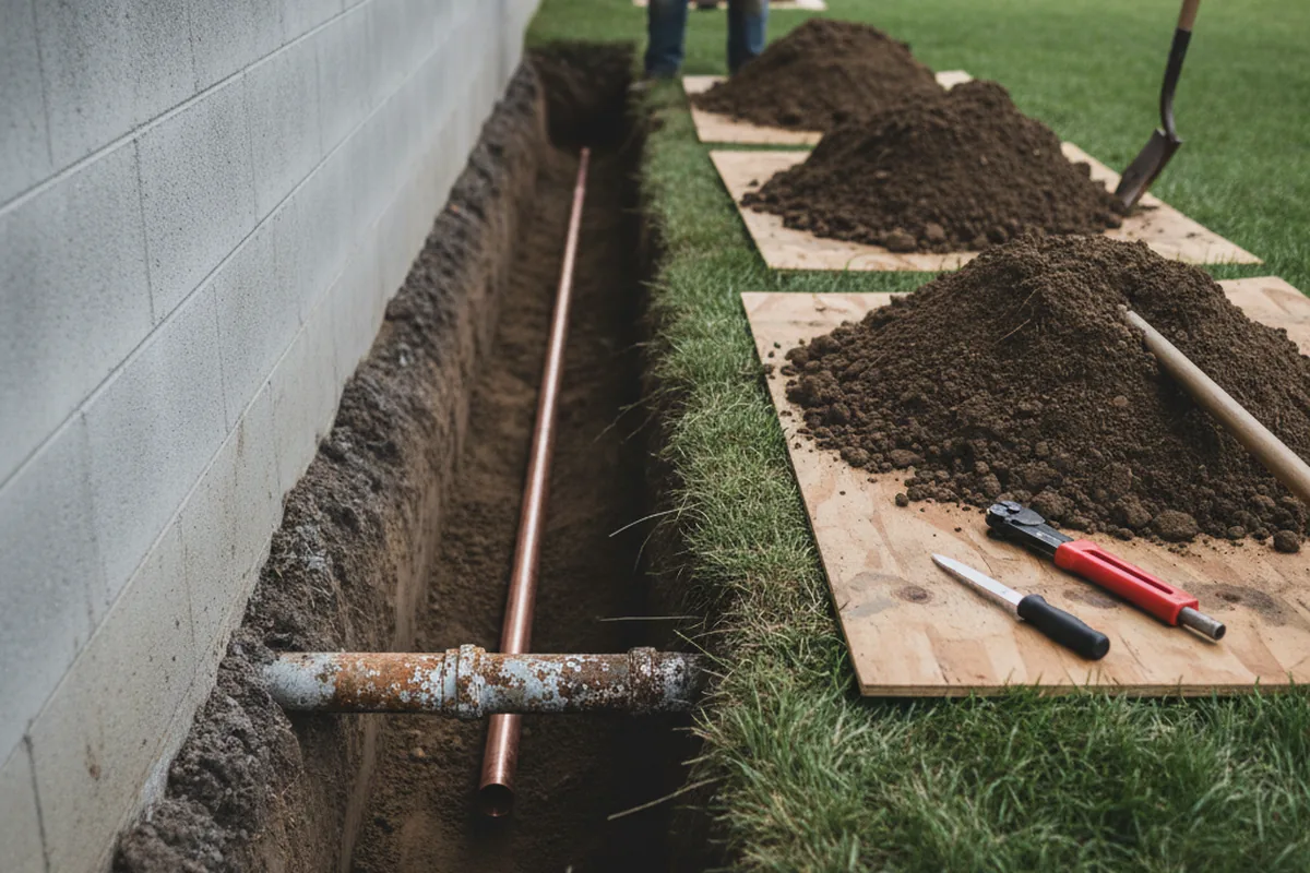 Excavated water line trench during Water Heater Repair in Woodland